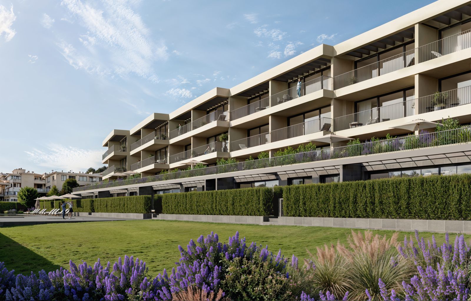 Modern resort with lush green landscaping.
