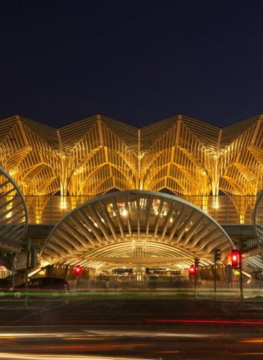 Long exposure night shot of the illuminated Oriente railway station, Lisbon